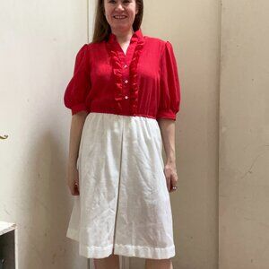 Vintage Cheekaberry Red & White Pinstripe Midi Dress | Ruffle Trim | M/L